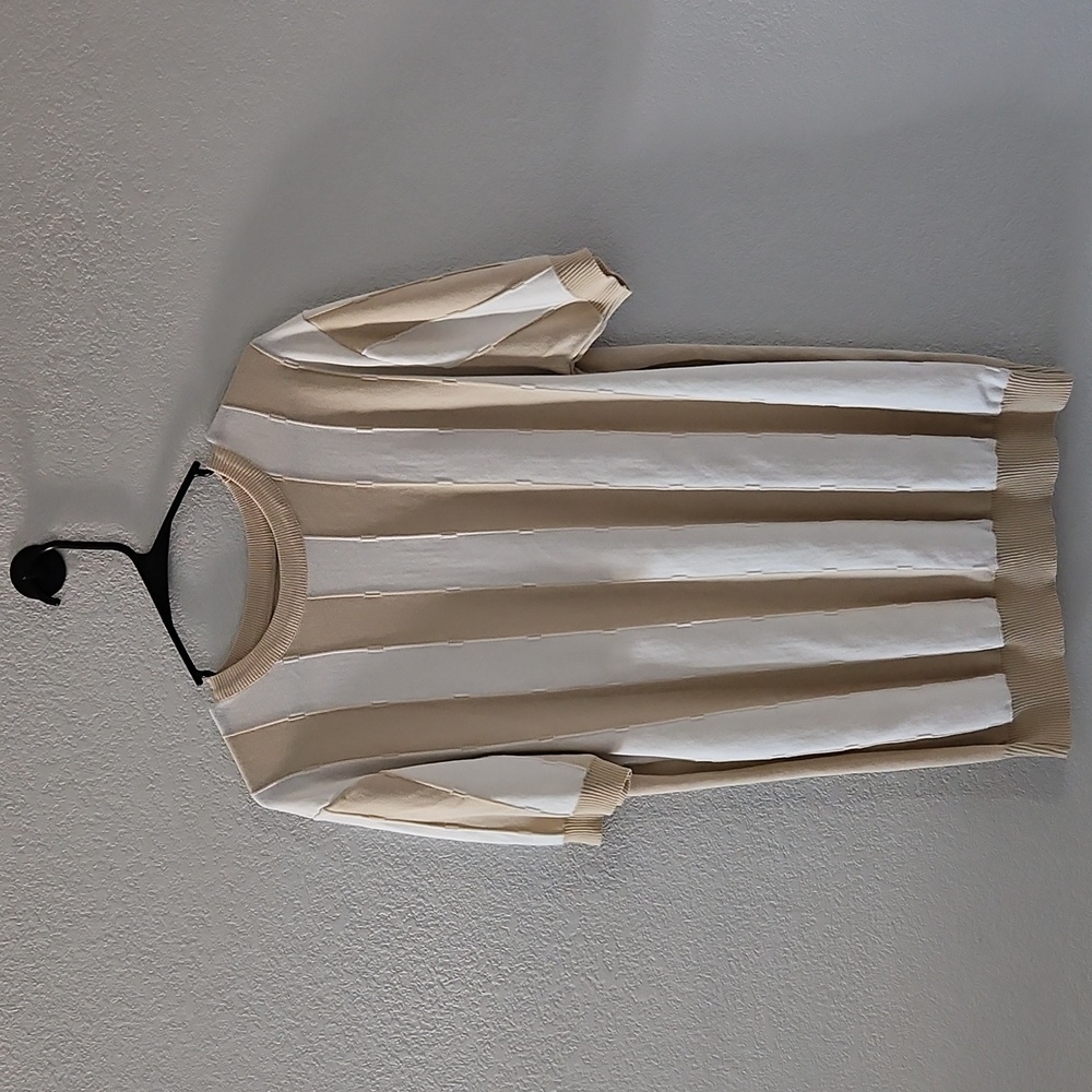 SHEIN Men's Knit Sweater Crewneck 1/2 Sleeve Vertical Stripes XL Tan White